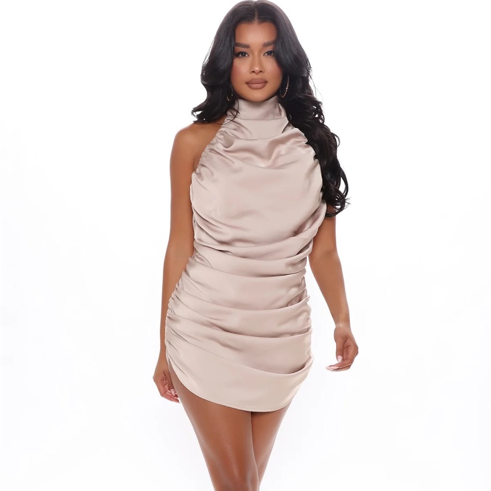 Stopping By Satin Mini Dress - Taupe